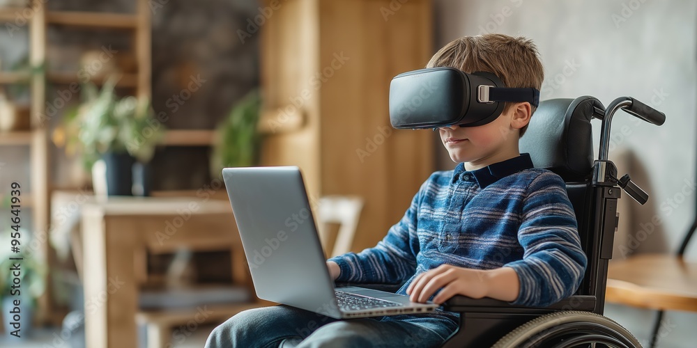 disabled young boy seated in a wheelchair, exploring virtual reality for educational content, with a laptop 