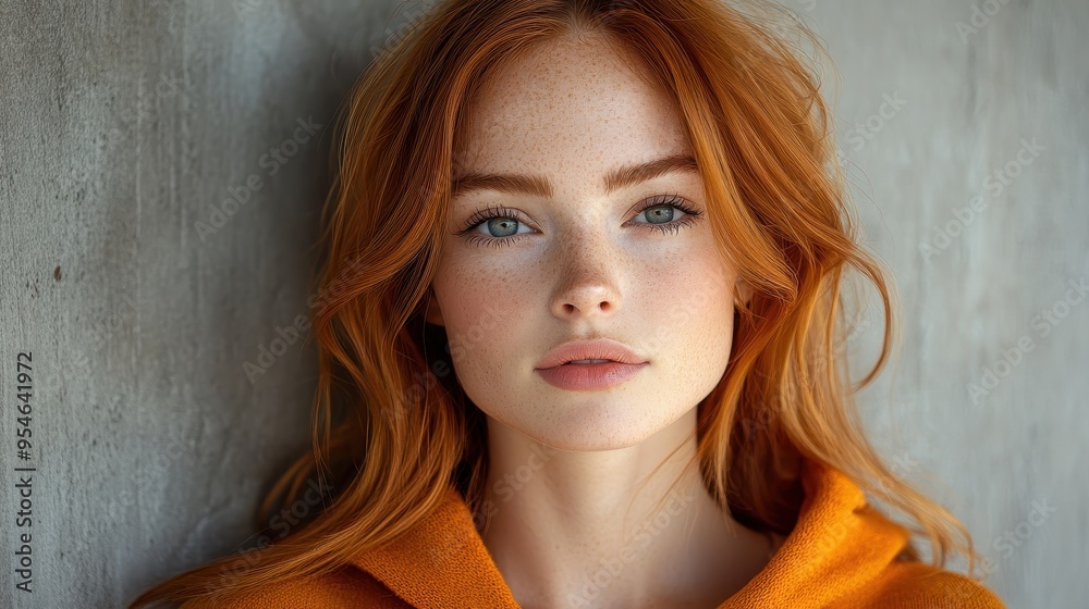 Naklejka premium High-Resolution Portrait of a Red-Haired Woman in an Orange Hoodie Posing Against Gray Walls in a Studio Setting - Captured with Studio Lighting