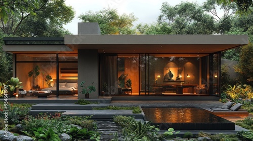 Modern home with large windows, lush garden, and serene water feature.