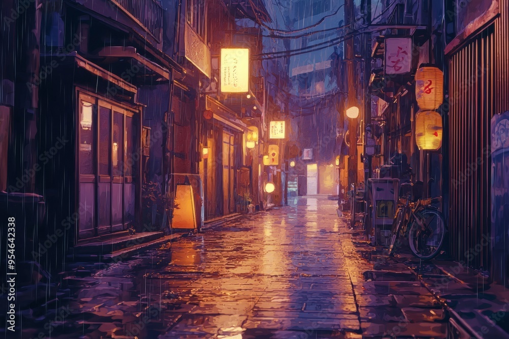A tranquil urban alleyway with soft, ambient light and quiet surroundings. Cozy vibe, Generative AI A tranquil urban alleyway with soft, ambient light and quiet surroundings. Cozy vibe, Generative AI