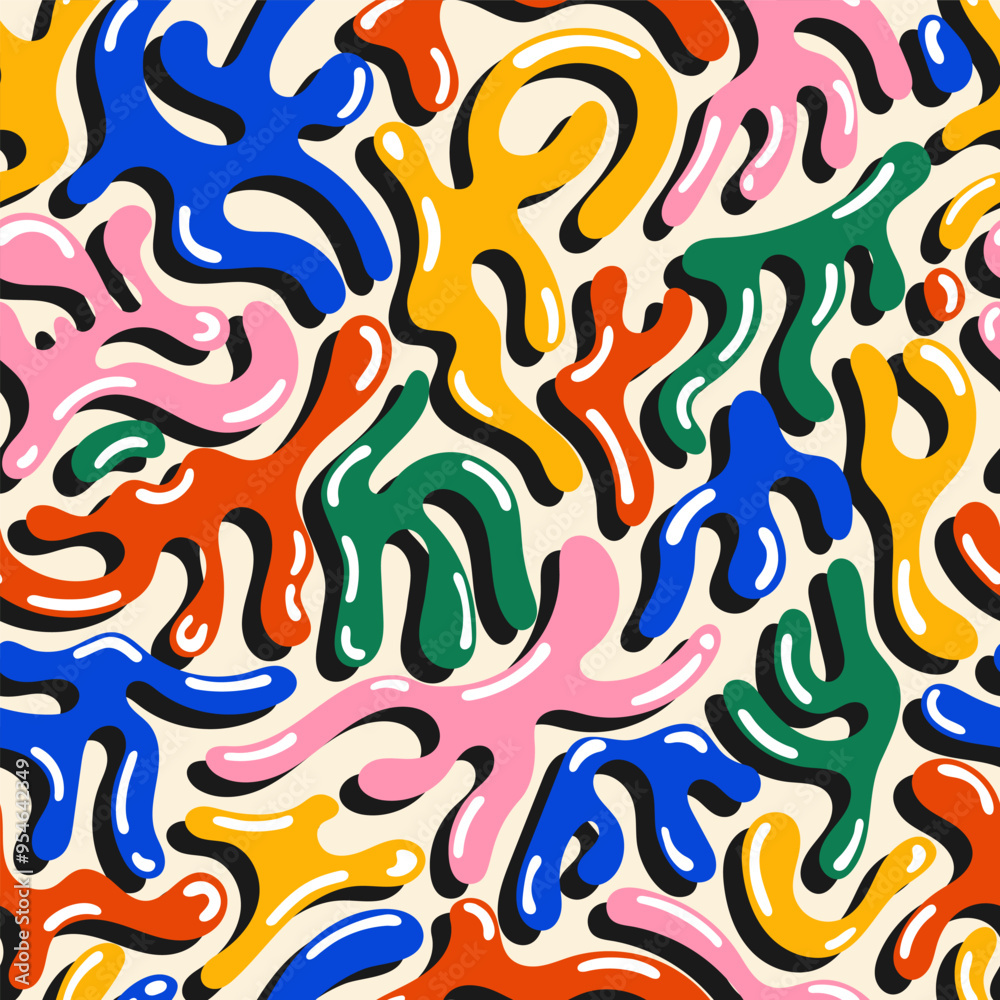 Colorful liquid blobs and organic shapes. Trendy pattern in doodle style. Colorful children's poster with abstract shapes. Minimalist design with basic shapes. Retro background