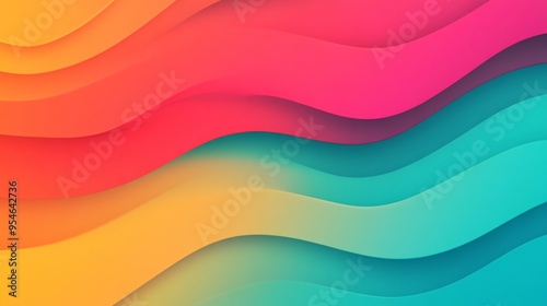 Vibrant wavy patterns in gradient shades of orange, pink, and turquoise create a dynamic visual effect.