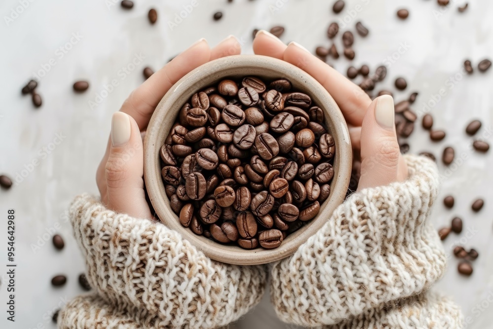 Fototapeta premium Hands Holding Bowl of Coffee Beans with Knitted Sleeves