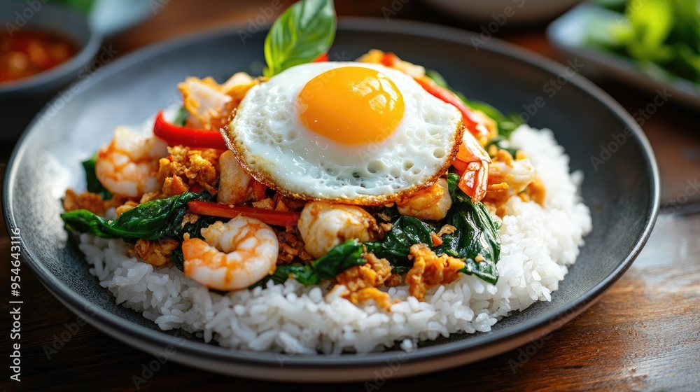 Vivid colors of spicy stir-fried basil with seafood, topped with a Thai fried egg on rice, set in a lively roadside restaurant atmosphere Vivid colors of spicy stir-fried basil with seafood, topped with a Thai fried egg on rice, set in a lively roadside restaurant atmosphere