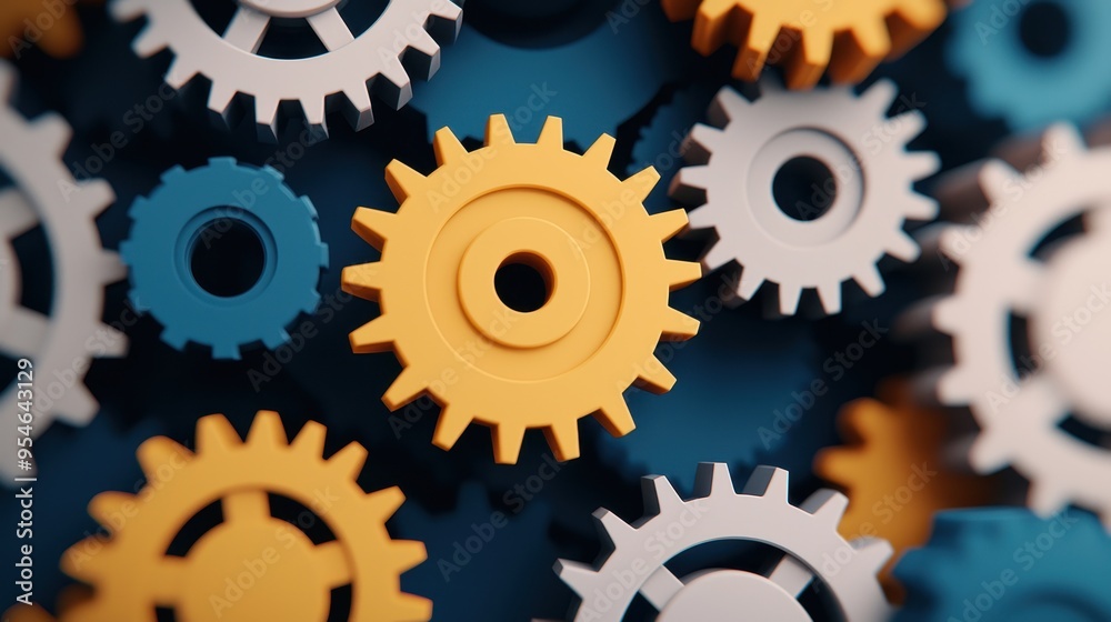 A close-up view of colorful gears interlocking, showcasing engineering, mechanics, and teamwork in a modern design. A close-up view of colorful gears interlocking, showcasing engineering, mechanics, and teamwork in a modern design.