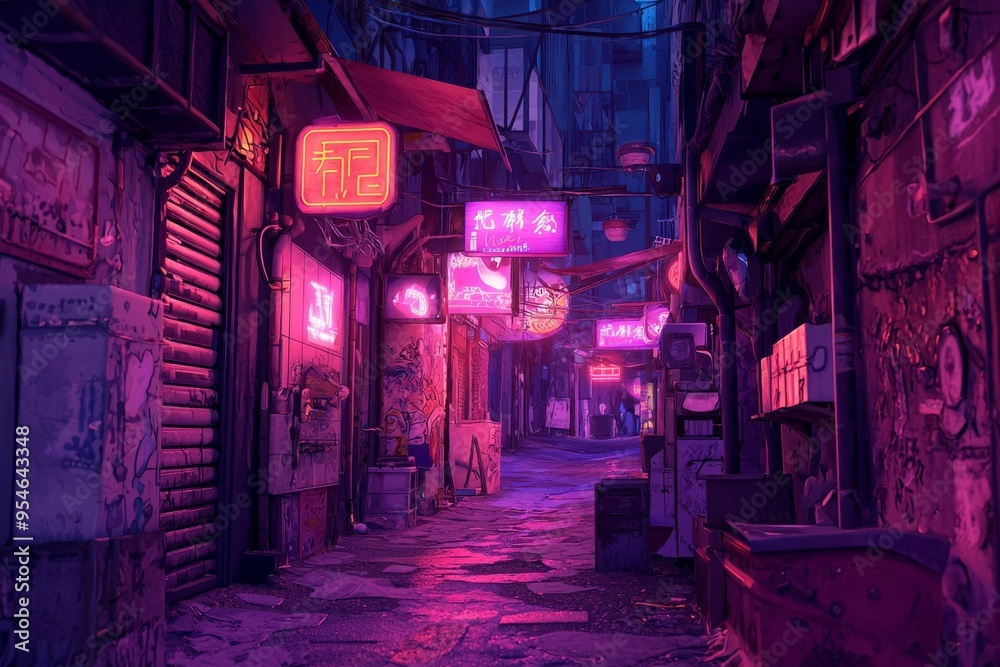 An empty urban alleyway illuminated by warm, glowing neon signs. Cozy vibe, Generative AI An empty urban alleyway illuminated by warm, glowing neon signs. Cozy vibe, Generative AI