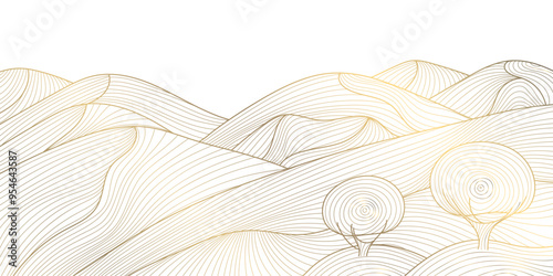 Vector mountain, hills and trees line art. Gold on white nature luxury landscape, scenery, horizon Japanese style illustration.