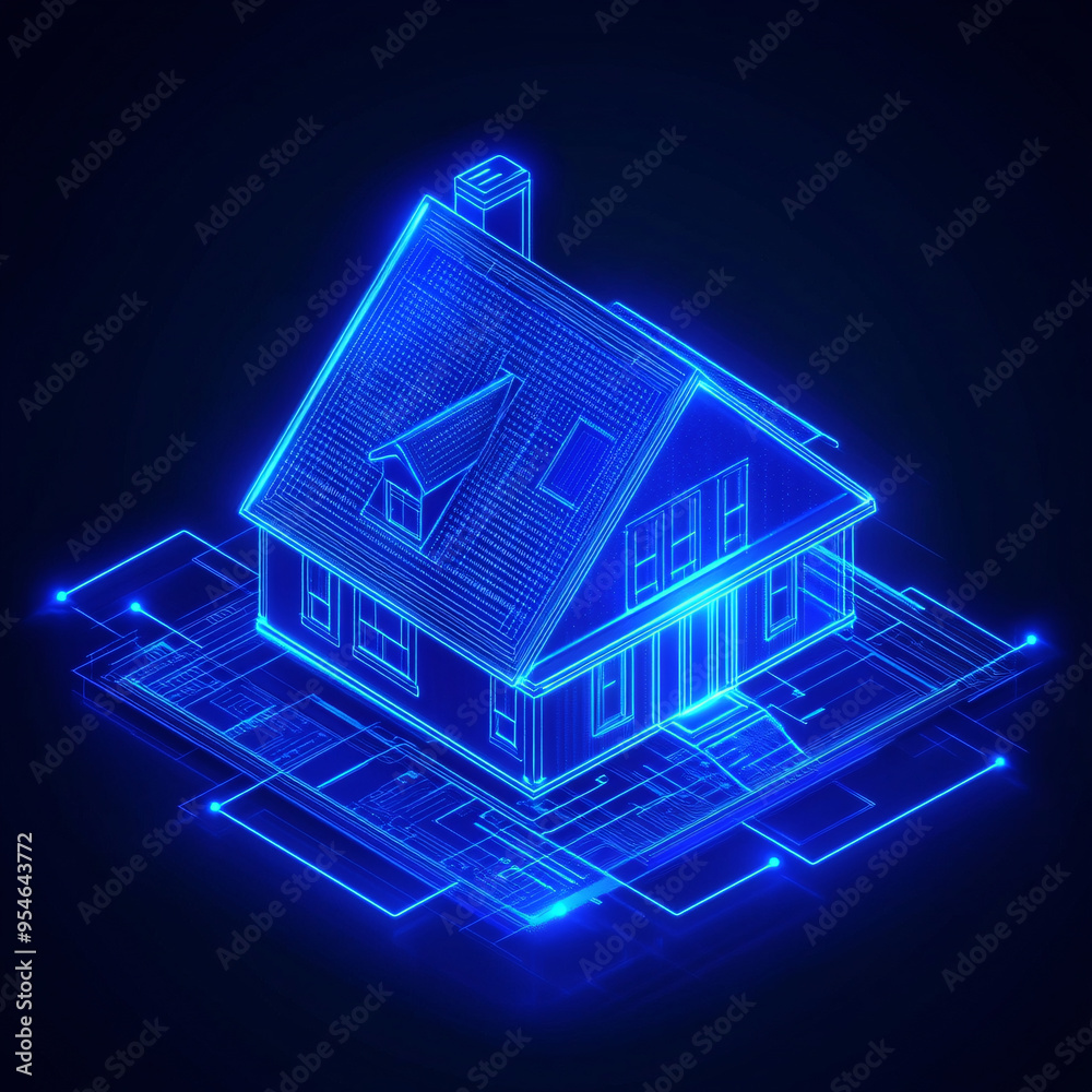 A stunning 3D blueprint of a house glowing in blue, symbolizing architecture, design, and modern technology. A stunning 3D blueprint of a house glowing in blue, symbolizing architecture, design, and modern technology.