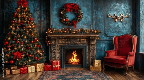 Christmas Interior. Fireplace, Armchair And Christmas Tree With Decorations In Blue Living Room photo