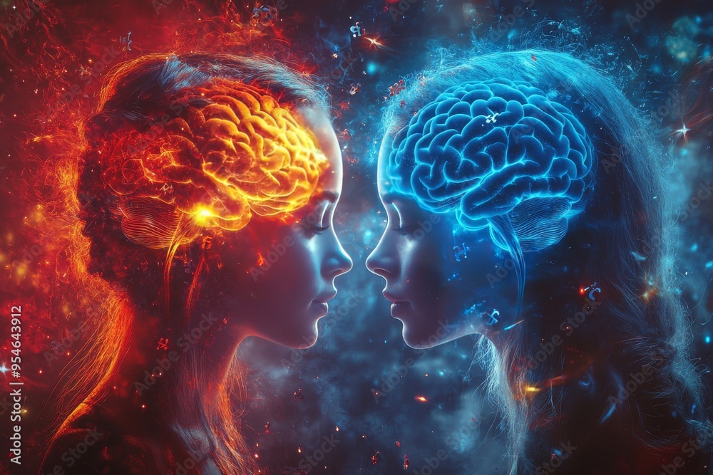 Autonomous Brain to brain Opposing brains of a couple glowing with distinct colors symbolize the tension and passion in a relationship representing the complex dynamics of love and conflict Autonomous Brain to brain Opposing brains of a couple glowing with distinct colors symbolize the tension and passion in a relationship representing the complex dynamics of love and conflict