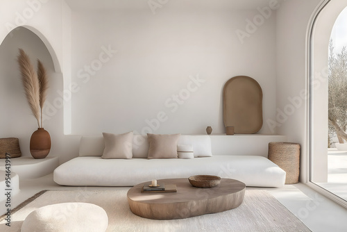 Grand Salon Minimaliste avec Canapé Contemporain dans une Villa Toute Blanche photo