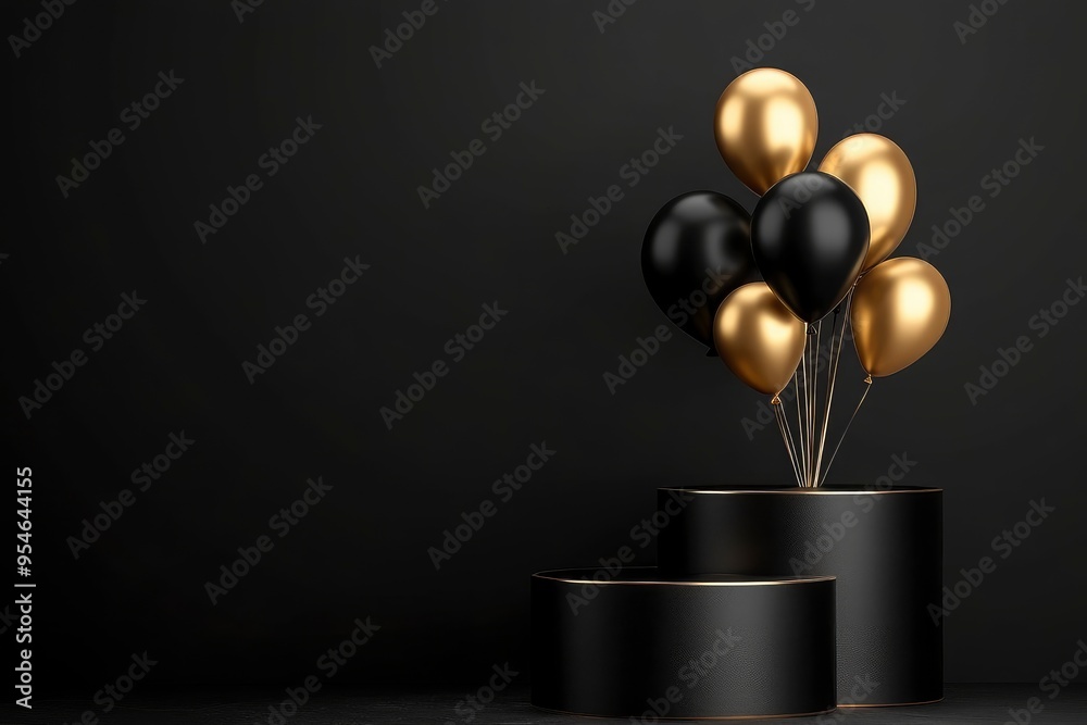 Abstract realistic 3D black cylinder pedestal podium set with black and golden balloons flying. Luxury black friday sale scene for product display presentation. with generative ai Abstract realistic 3D black cylinder pedestal podium set with black and golden balloons flying. Luxury black friday sale scene for product display presentation. with generative ai