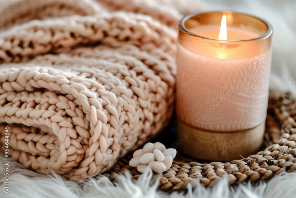 Cozy Home Decor with Knit Blanket Candle and Wicker Placemat Cozy Home Decor with Knit Blanket Candle and Wicker Placemat