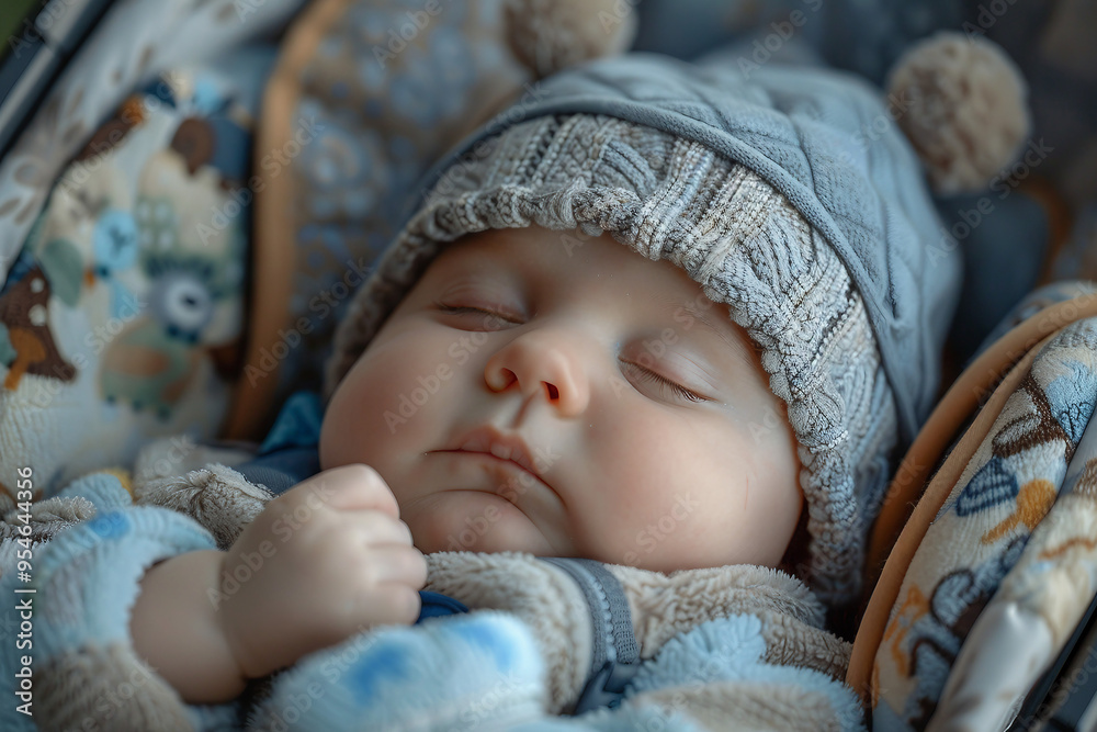 Cute small baby in buggy stroller carriage promenading with mommy happy childhood, Generative AI