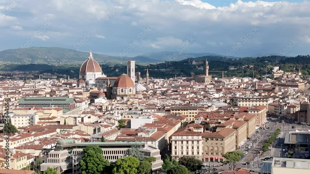 Aerial rising over Florence neighborhood of Duomo, Basilica di San Lorenzo in Italy Aerial rising over Florence neighborhood of Duomo, Basilica di San Lorenzo in Italy