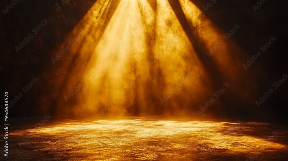 Golden Rays of Revelation: Dramatic spotlight illuminates a textured stage, shrouded in smoke and mystery. Golden Rays of Revelation: Dramatic spotlight illuminates a textured stage, shrouded in smoke and mystery.
