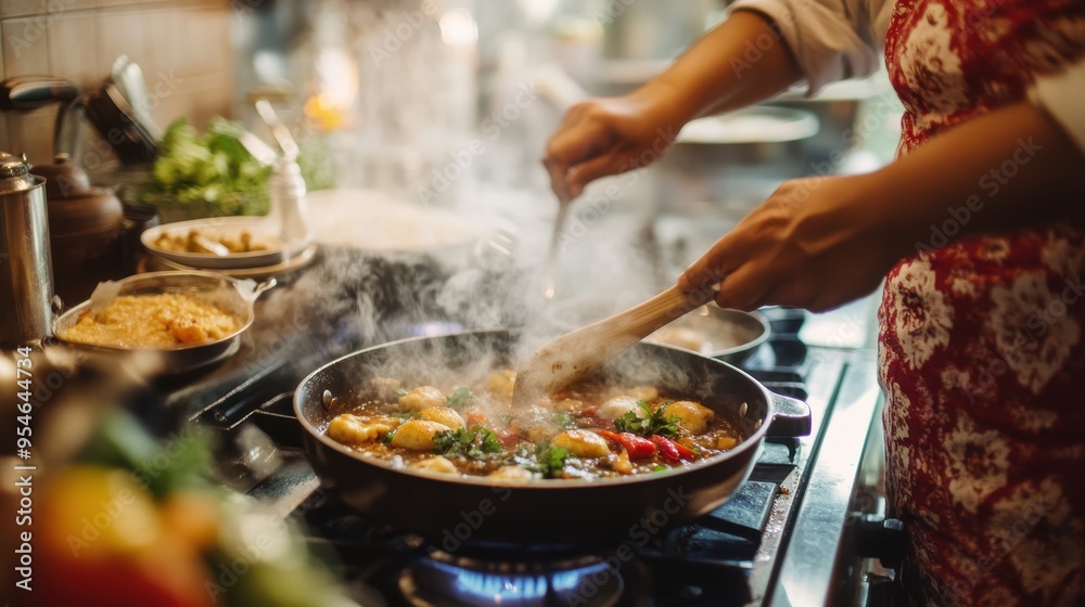 Chef Cooking a Delicious Meal in a Busy Kitchen