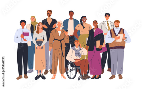 Business people team, diverse entrepreneurs community. Office workers, corporate group of happy colleagues, employees, professionals, staff. Flat vector illustration isolated on white background.