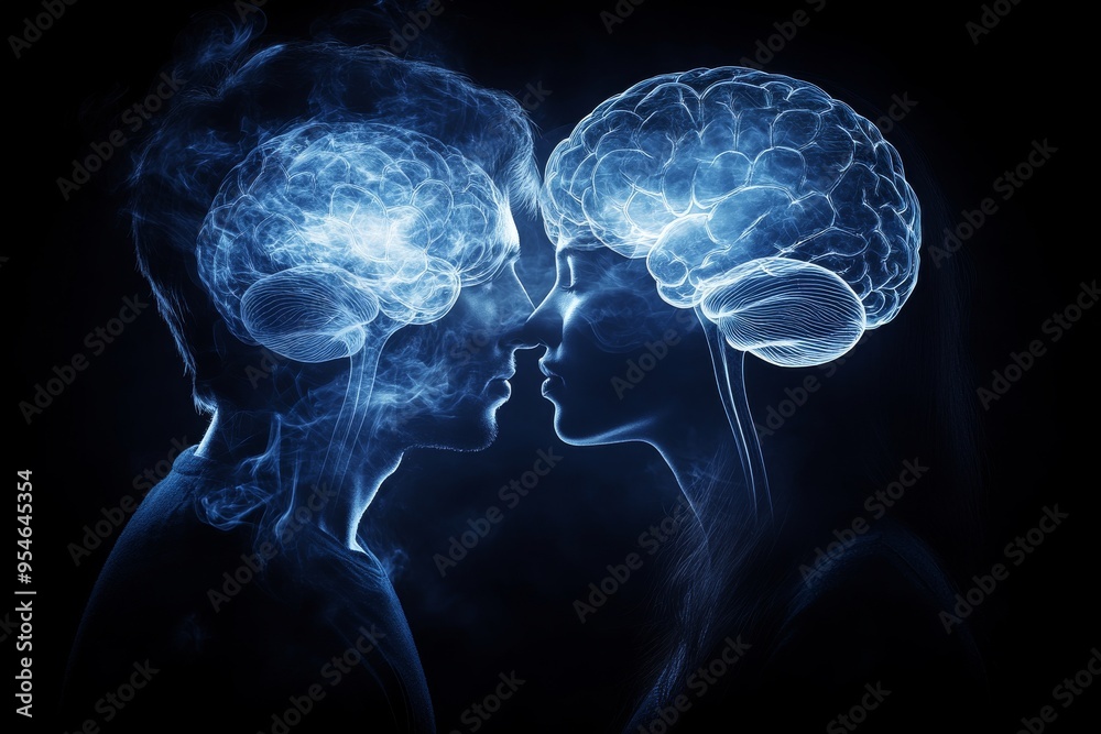Responsive Brain to brain Two glowing blue brains facing each other in a dark background symbolizing the quiet and profound exchange of ideas and emotions between two individuals Responsive Brain to brain Two glowing blue brains facing each other in a dark background symbolizing the quiet and profound exchange of ideas and emotions between two individuals
