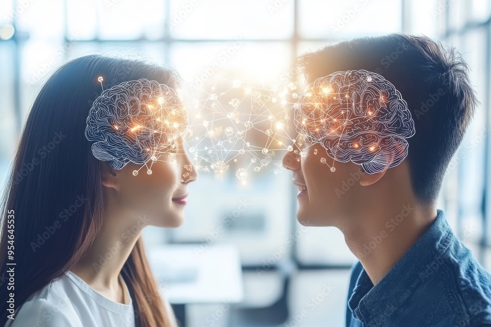 Adaptive Brain to brain Two people share a glowing brain connection highlighting the intersection of knowledge ideas and collaboration in a modern intellectual setting Adaptive Brain to brain Two people share a glowing brain connection highlighting the intersection of knowledge ideas and collaboration in a modern intellectual setting