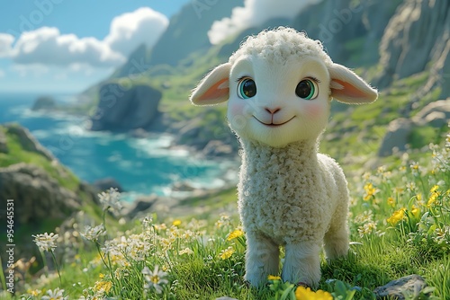 A cute animated lamb standing in a vibrant landscape near the ocean. photo