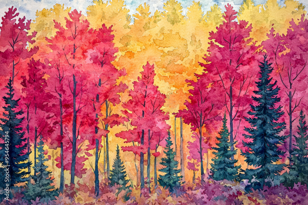 A vibrant watercolor painting of autumn trees, showcasing rich reds, oranges, and yellows against a serene backdrop. A vibrant watercolor painting of autumn trees, showcasing rich reds, oranges, and yellows against a serene backdrop.