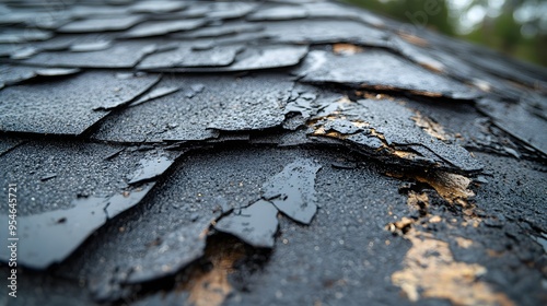 Rain-drenched roof shingles with visible hail damage, close-up of deep cracks and dents, water flowing down the sloped surface