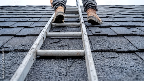 Roofer standing on a ladder, inspecting shingle roof with visible hail damage, focusing on cracks, dents, and granular loss under bright daylight