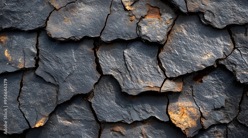 Shingle macro shot with deep, jagged cracks from hailstorms, shadows adding a dramatic effect to the texture. Shingle macro shot with deep, jagged cracks from hailstorms, shadows adding a dramatic effect to the texture.