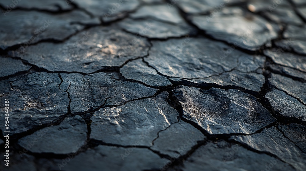 Shingle macro shot with deep, jagged cracks from hailstorms, shadows adding a dramatic effect to the texture.