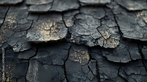 Shingle macro shot with deep, jagged cracks from hailstorms, shadows adding a dramatic effect to the texture.