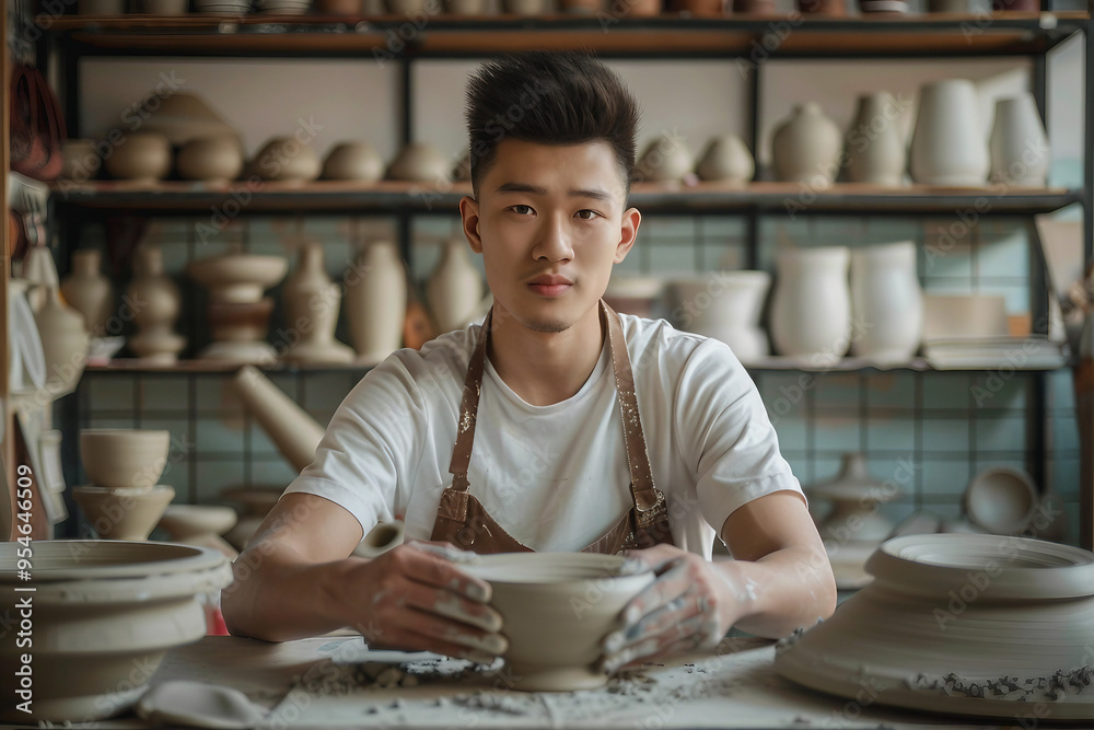 Generative AI photo craftsman shaping clay pot on spinning wheel in pottery studio surrounded by ceramic pieces Generative AI photo craftsman shaping clay pot on spinning wheel in pottery studio surrounded by ceramic pieces