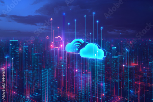 A glowing cloud computing symbol hovers over a futuristic cityscape, representing the interconnectedness of technology and urban life.