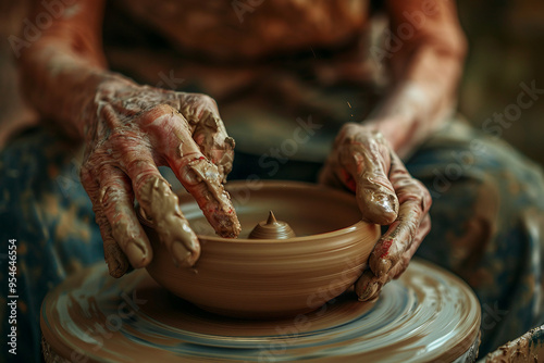 Generative AI photo craftsman shaping clay pot on spinning wheel in pottery studio surrounded by ceramic pieces