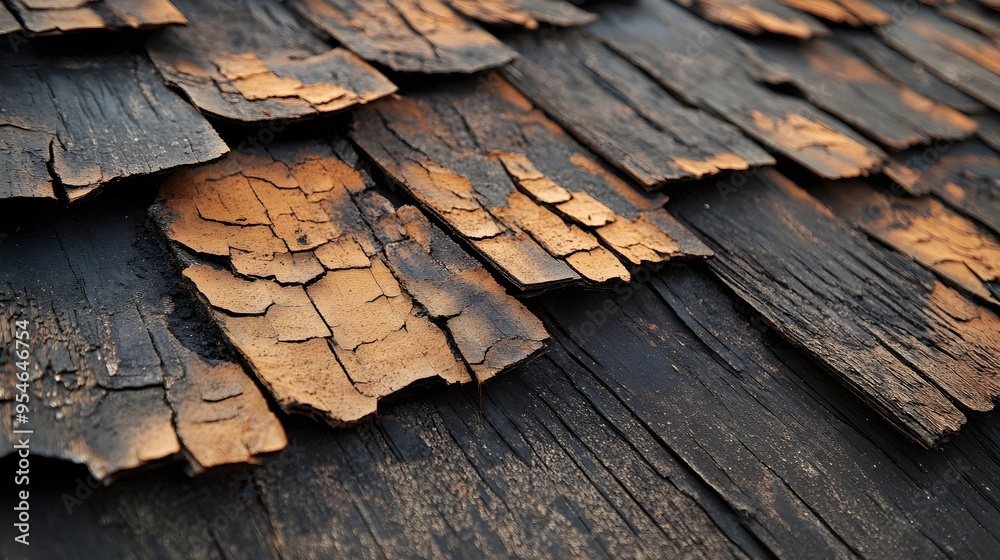 Side-angle view of a weathered shingle roof, showing deep cracks and indentations from hail damage under intense sunlight, highlighting the texture and wear Side-angle view of a weathered shingle roof, showing deep cracks and indentations from hail damage under intense sunlight, highlighting the texture and wear