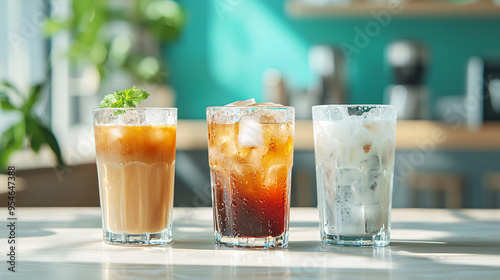 Three refreshing iced drinks placed on a table, perfect for summer enjoyment and social gatherings in a bright cafe setting.