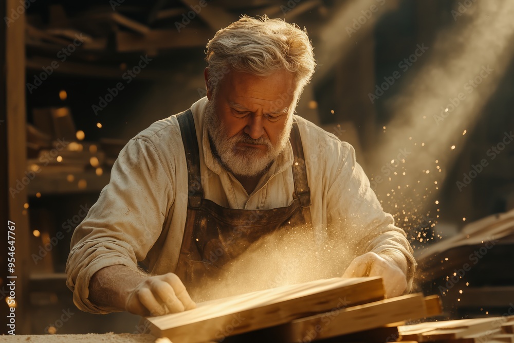 An experienced carpenter, with a focused expression, is engrossed in his craft in a warmly lit workshop. An experienced carpenter, with a focused expression, is engrossed in his craft in a warmly lit workshop.