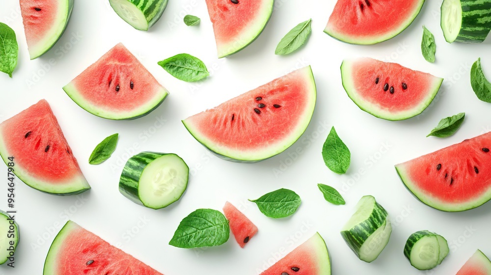 Fresh watermelon and cucumber slices arranged with mint leaves on a white background. Fresh watermelon and cucumber slices arranged with mint leaves on a white background.