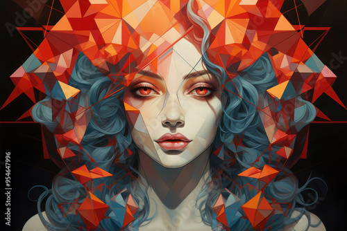 Crimson Geometry: A woman with piercing gaze adorned with an intricate headdress of vibrant red and orange polygons, her ethereal beauty juxtaposed with sharp geometric forms.