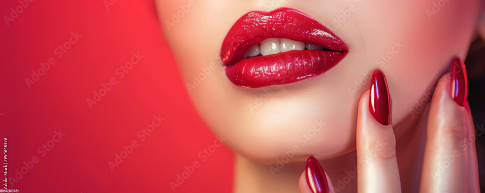Glamorous Red Lips and Glossy Nails Close-Up Glamorous Red Lips and Glossy Nails Close-Up