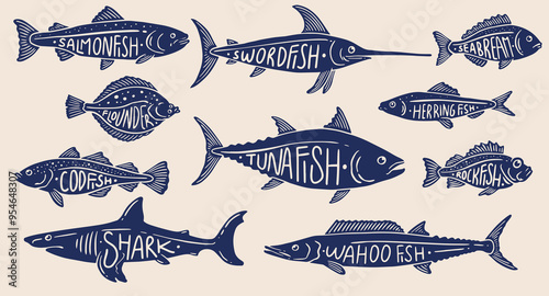 Set of Fishes in Deep Sea Marine, Tuna, Marlin, Sword fish, Cod, Salmon, for Seafood Restaurant Menu Poster in Isolated Vector