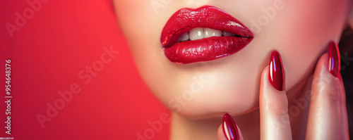 Glamorous Red Lips and Glossy Nails Close-Up