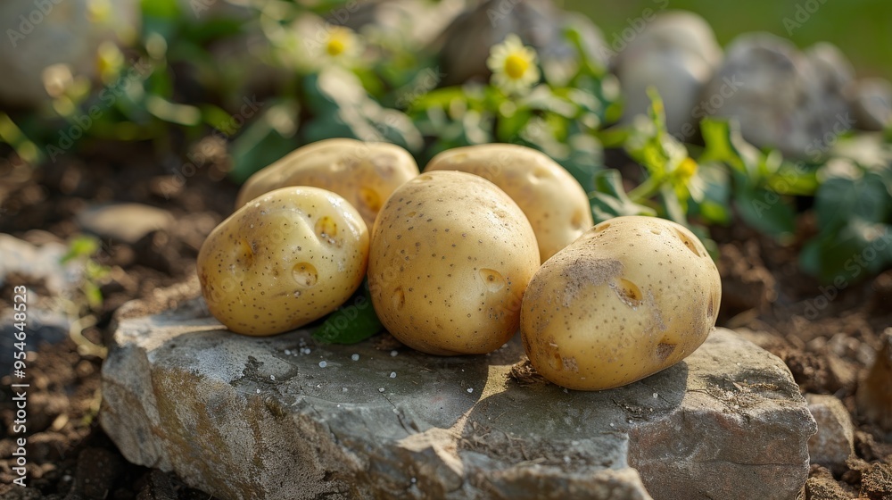 Freshly Harvested Potatoes on Rock in Garden Freshly Harvested Potatoes on Rock in Garden