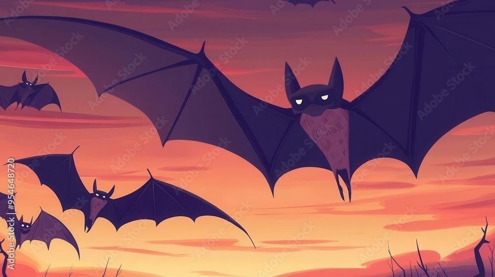 Eerie bat silhouettes fluttering against the twilight, flat design, front view, phantom theme, cartoon drawing, vivid colors Eerie bat silhouettes fluttering against the twilight, flat design, front view, phantom theme, cartoon drawing, vivid colors