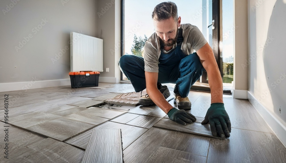 Man installing floor tiles in a new home Man installing floor tiles in a new home