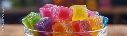 Colorful rainbow jelly cubes in a glass bowl, Jelly dessert, vibrant and fun photo