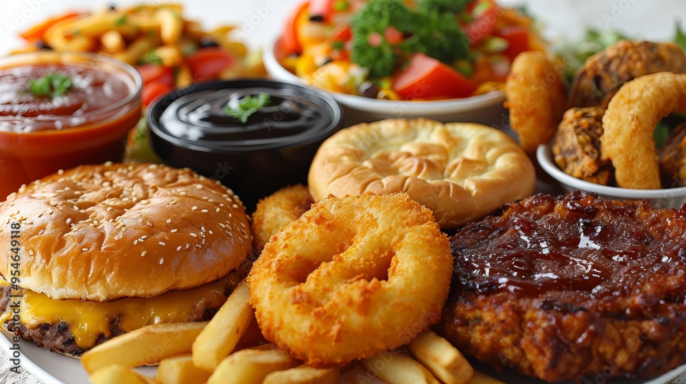 set of fast food with burgers, fries potato sauce ,isolated on white background set of fast food with burgers, fries potato sauce ,isolated on white background