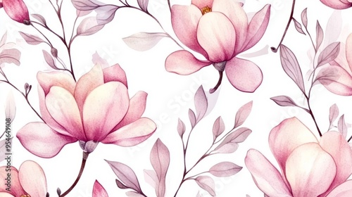 Seamless pattern with watercolor pink magnolia flowers and leaves on a white background.