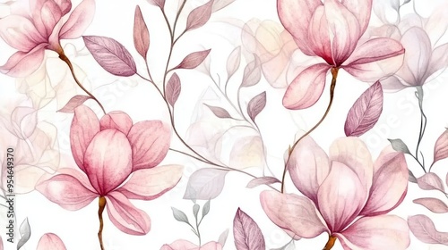 Seamless pattern with watercolor pink magnolia flowers and leaves on a white background.