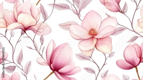 Seamless pattern with watercolor pink magnolia flowers and leaves on a white background.